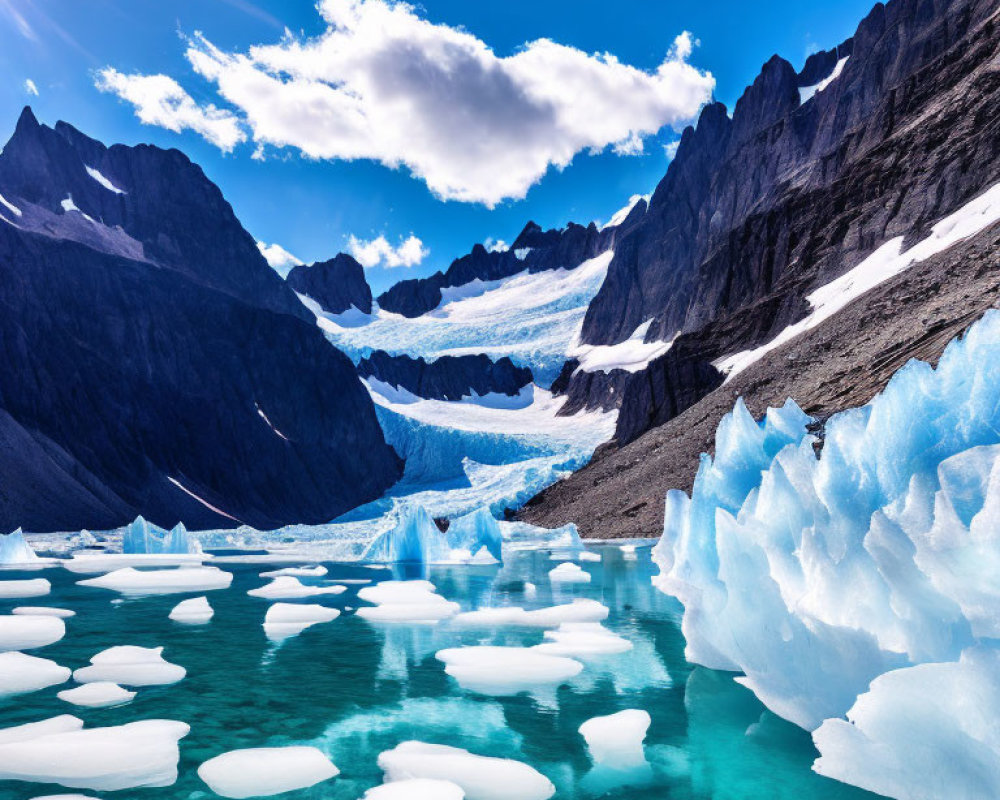 Scenic glacial landscape with blue icebergs, mountains, and glacier