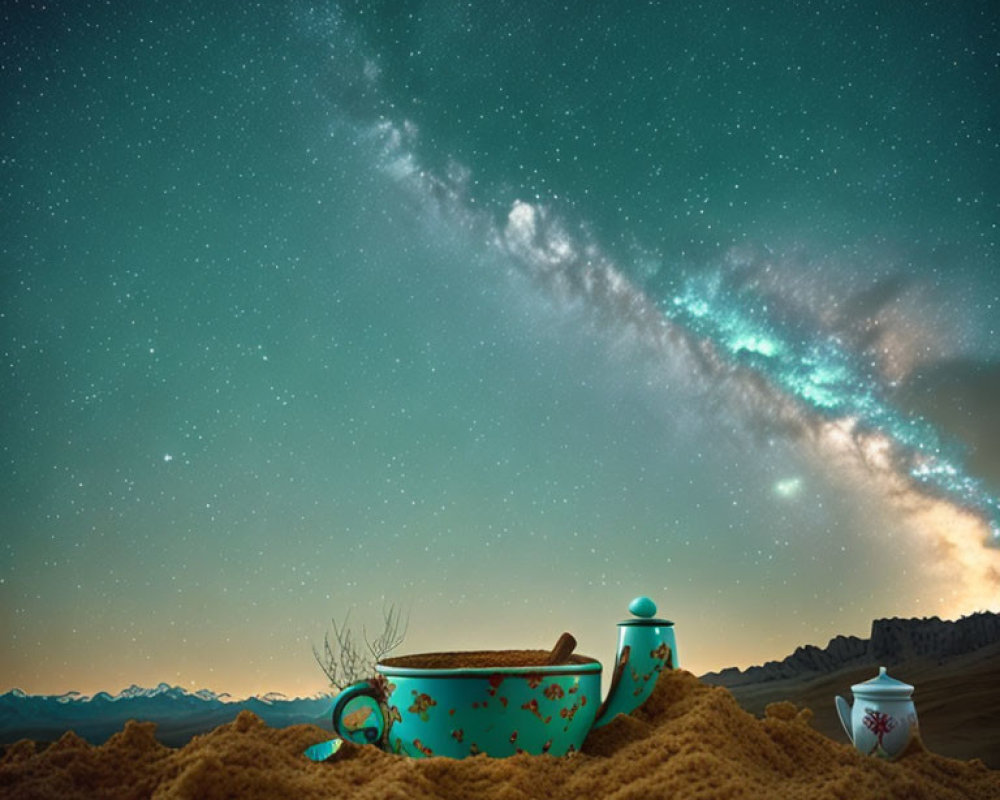 Oversized teacup and teapot in surreal sandy landscape under starry night sky