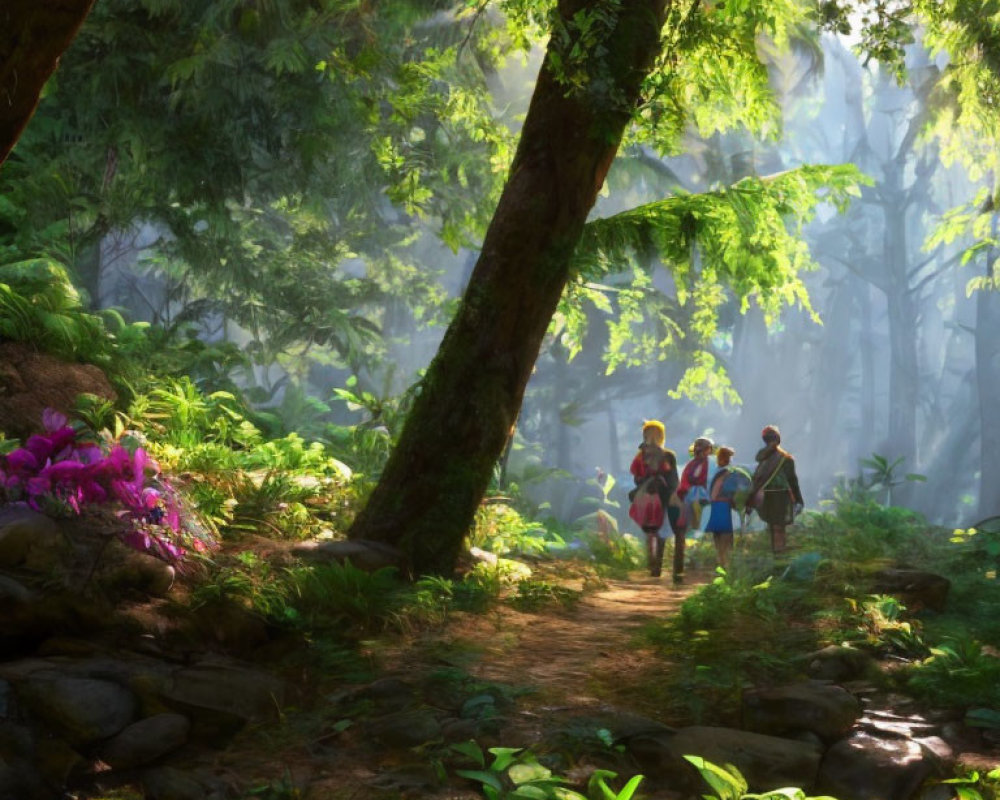 Animated characters stroll on forest path with vibrant green foliage and purple flowers.