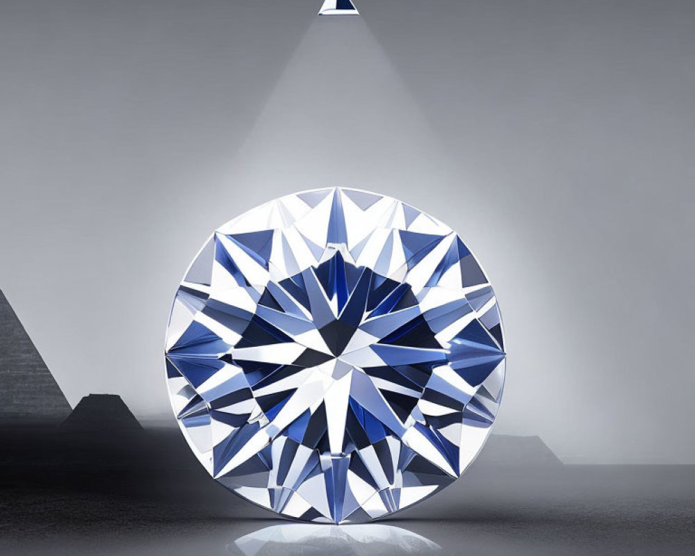 Shimmering round-cut diamond on glossy surface with light patterns