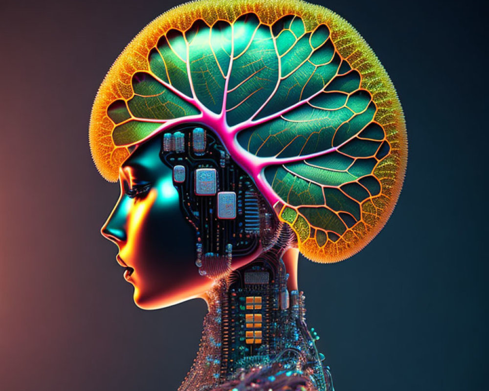 Digital art: Human-machine blend with tree brain and circuitry profile