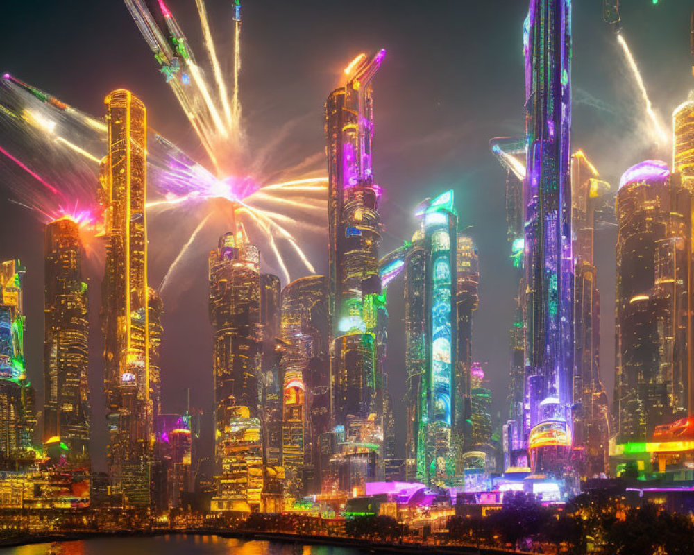 Colorful Nighttime Cityscape with Skyscrapers and Fireworks Display