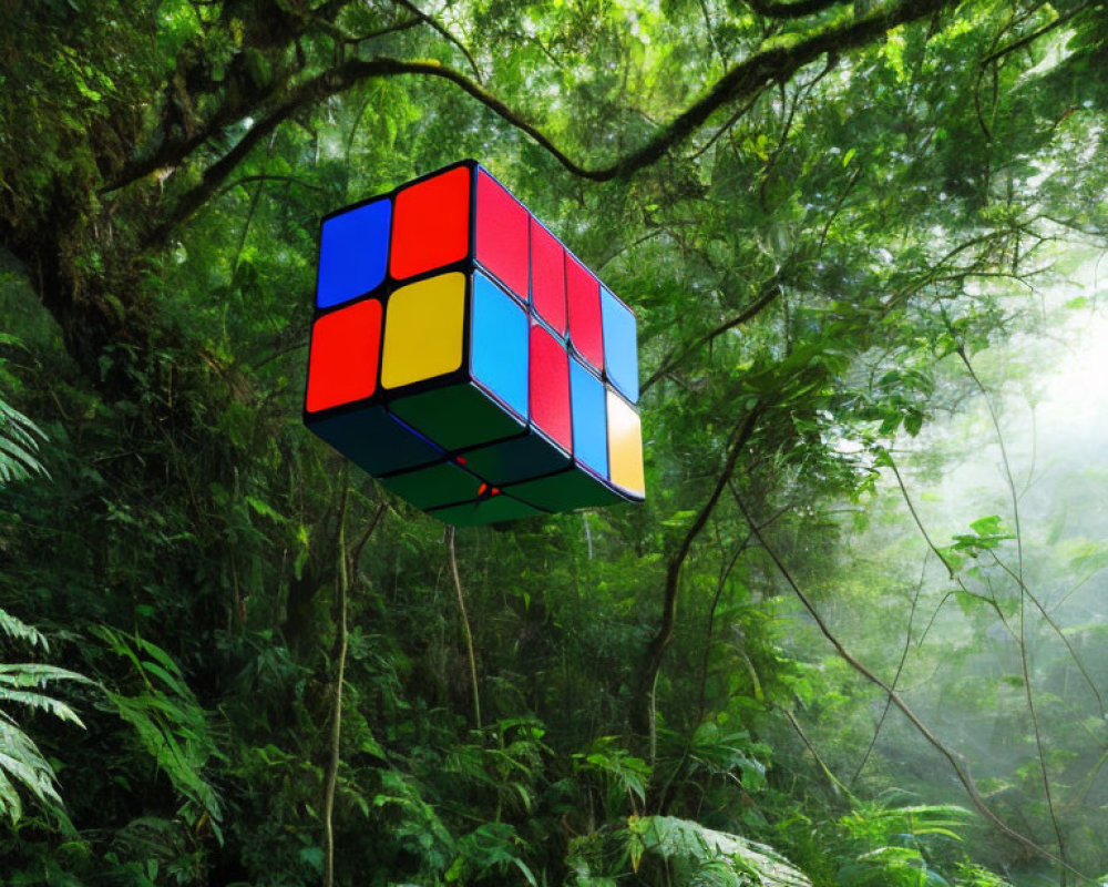 Vibrant Rubik's Cube in Green Forest with Sunbeams