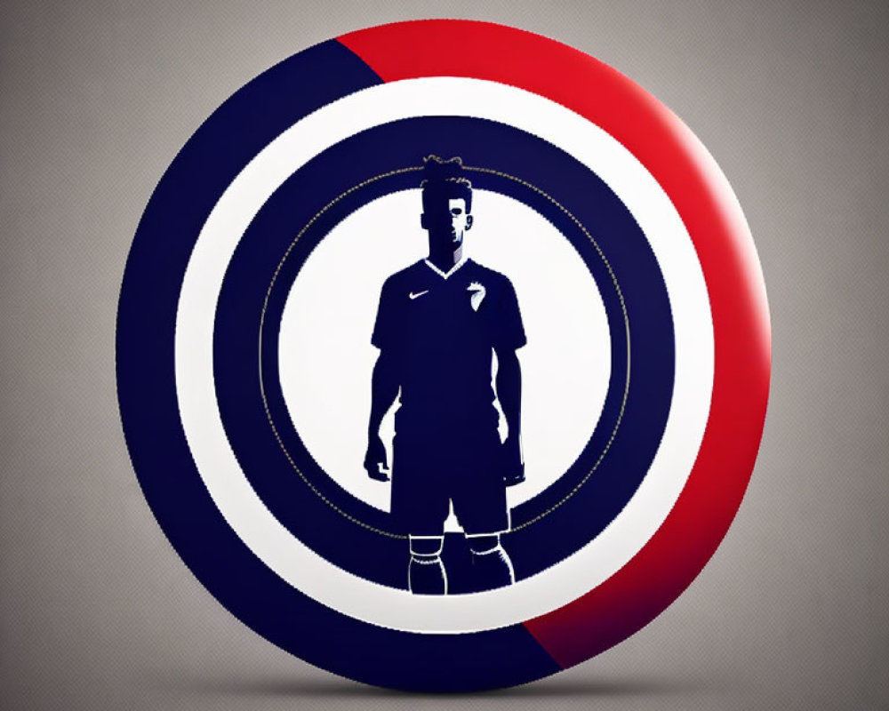 Soccer player silhouette in dartboard pattern on textured grey background
