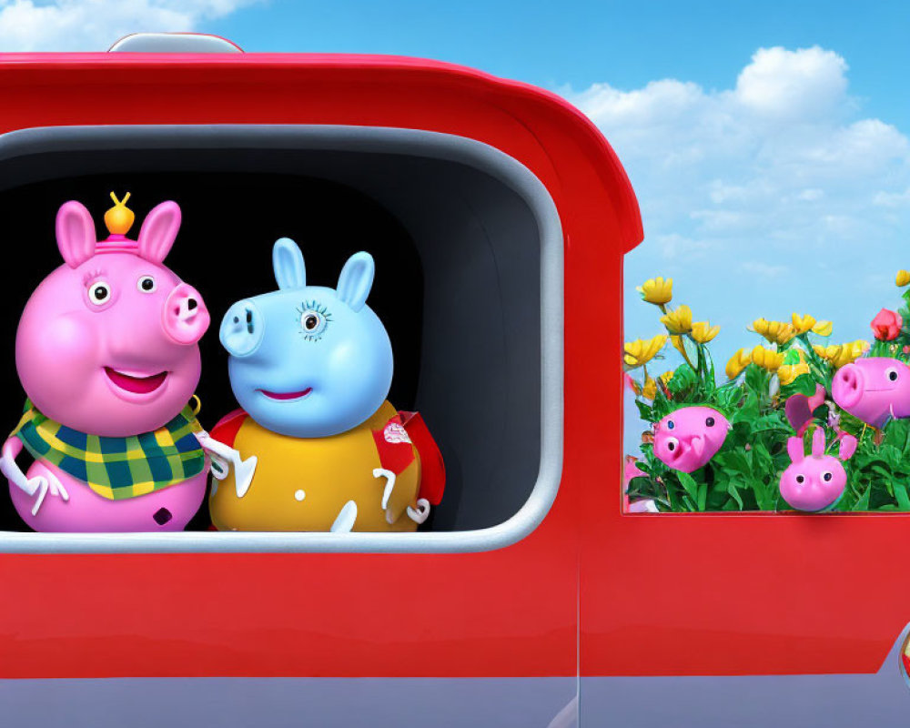 Smiling Pig Characters in Red Vehicle with Flowers and Blue Sky