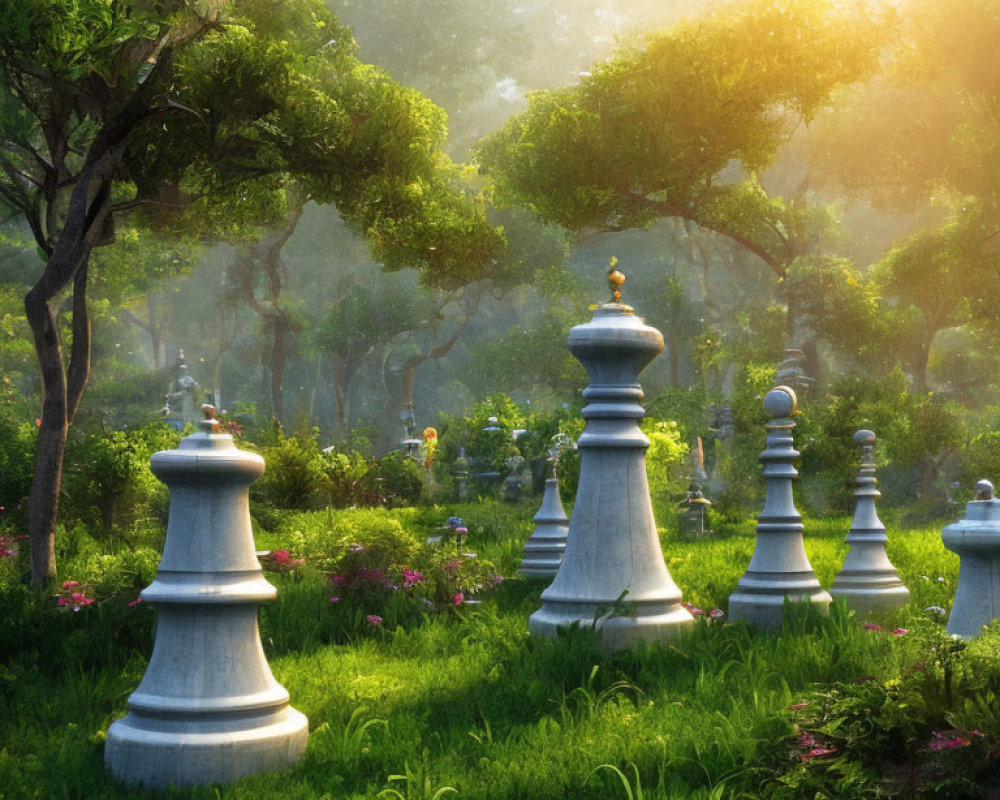 Sunlit garden with oversized chess pieces in lush greenery