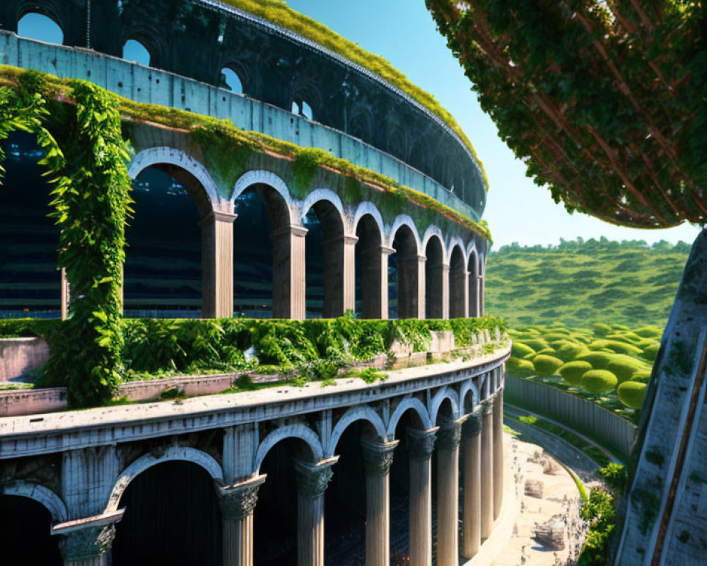 Futuristic overgrown Colosseum with lush greenery in serene landscape