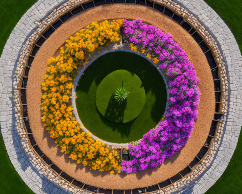 Circular Garden with Yellow and Purple Flowers Around Central Pond