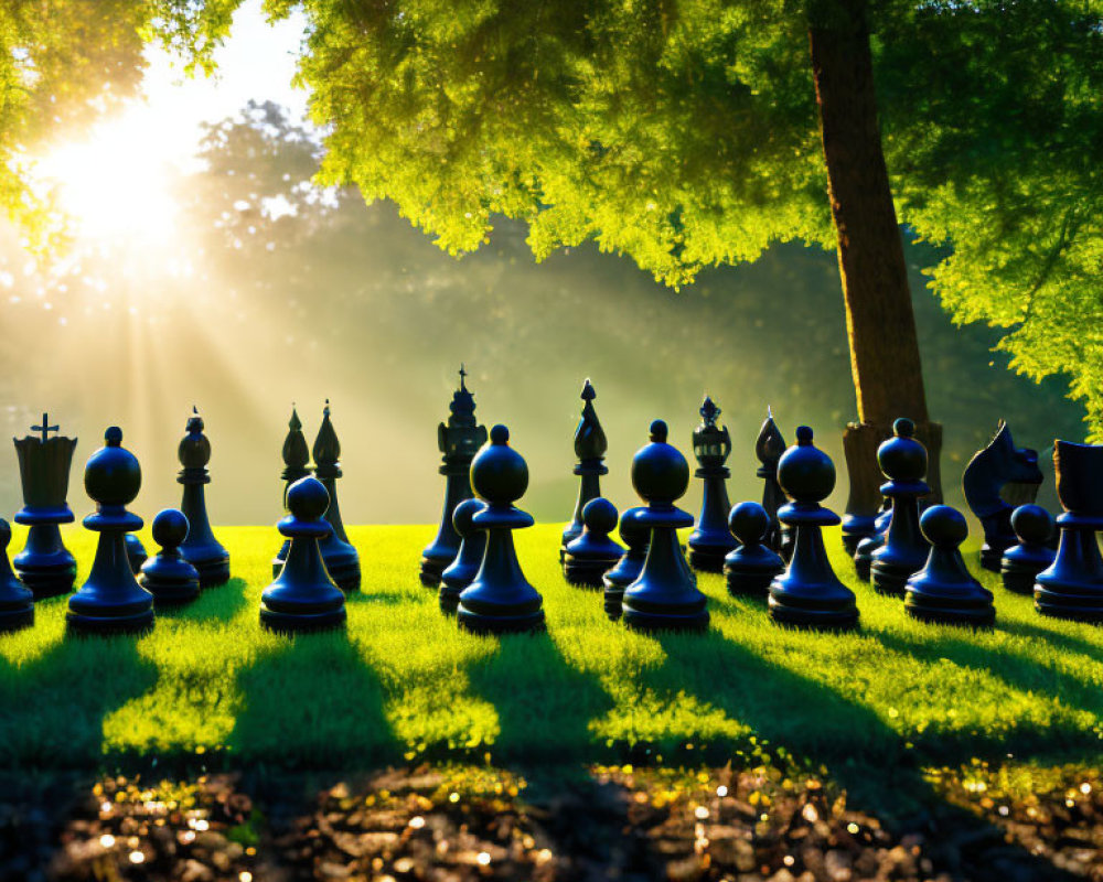 Chess Set on Sunlit Forest Path with Long Shadows