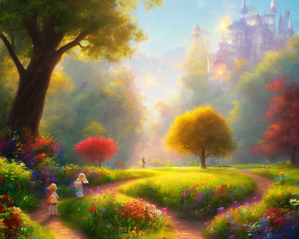 Sunlit Path Through Vibrant Garden to Fairytale Castle with Playing Children