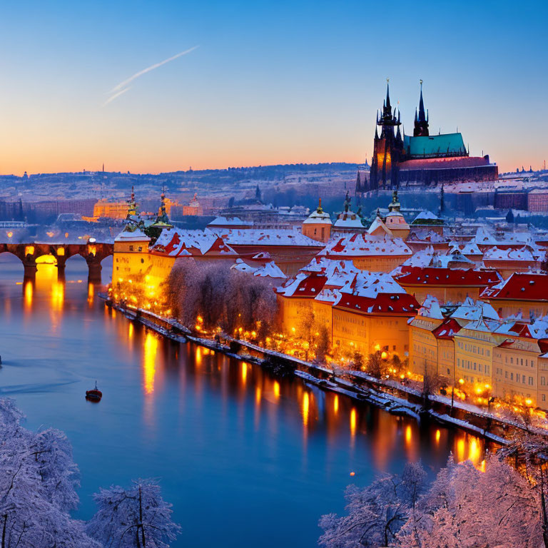 Snow-covered Prague rooftops, Vltava River, Charles Bridge, and Prague Castle in winter twilight