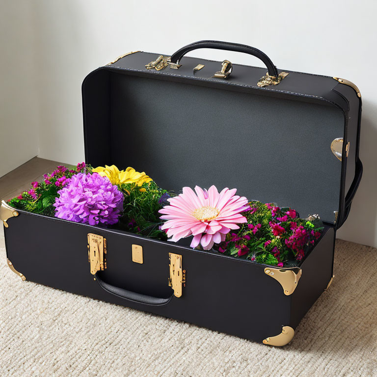 Colorful Flowers in Open Black Suitcase with Gold Hardware