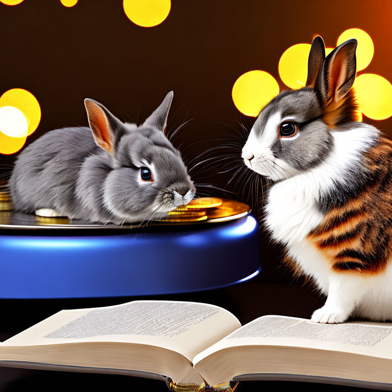 Rabbits with open book and vinyl record on bokeh background