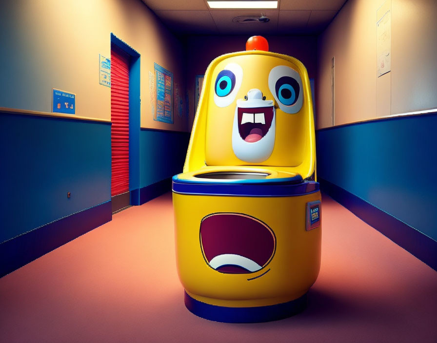 Colorful anthropomorphic trash bin in cartoon-style corridor