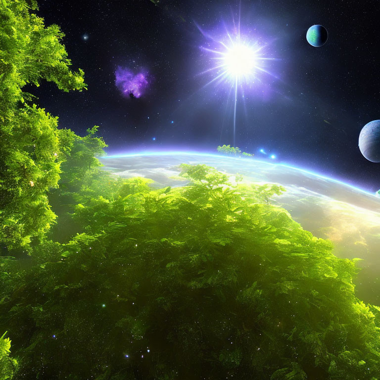 Cosmic scene with star, planets, nebula, and lush green canopy.