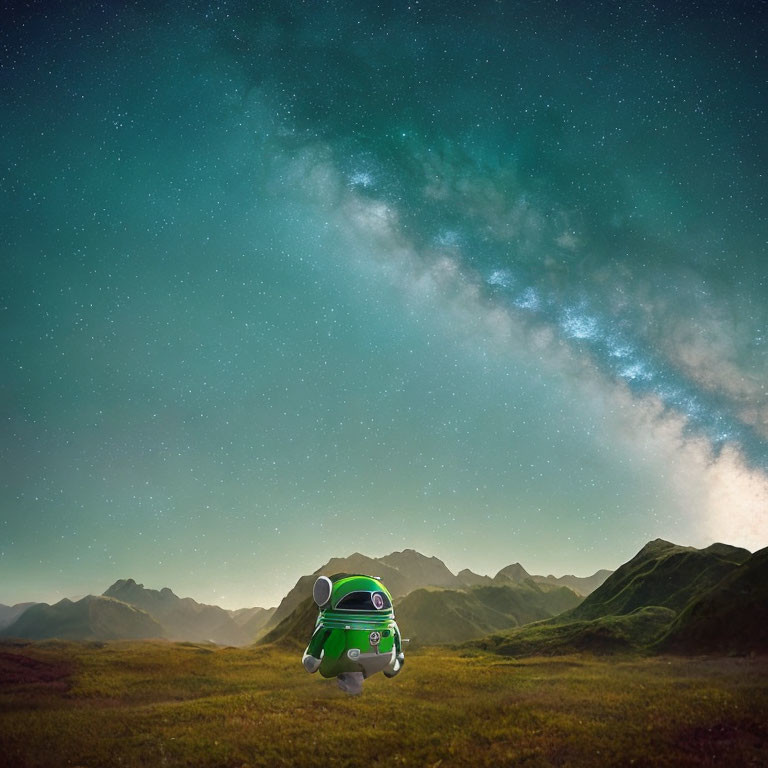 Animated astronaut in green spacesuit floats over meadow with mountain backdrop.
