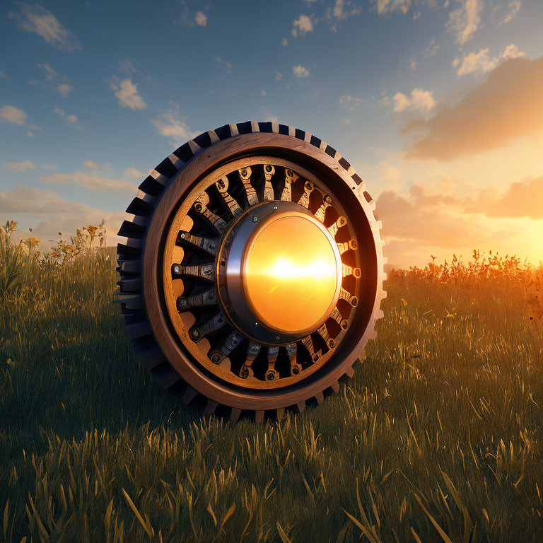 Detailed Metallic Gear Standing Upright in Grass Field at Sunset