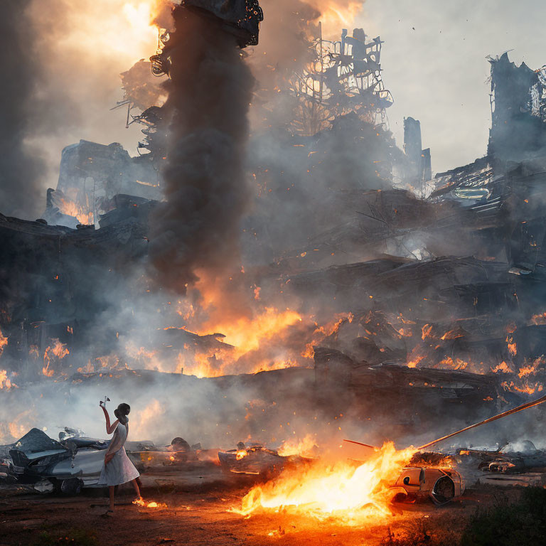 Ballerina in white dress poses among fiery ruins and smoke