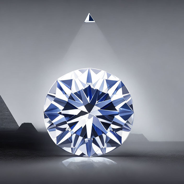 Shimmering round-cut diamond on glossy surface with light patterns
