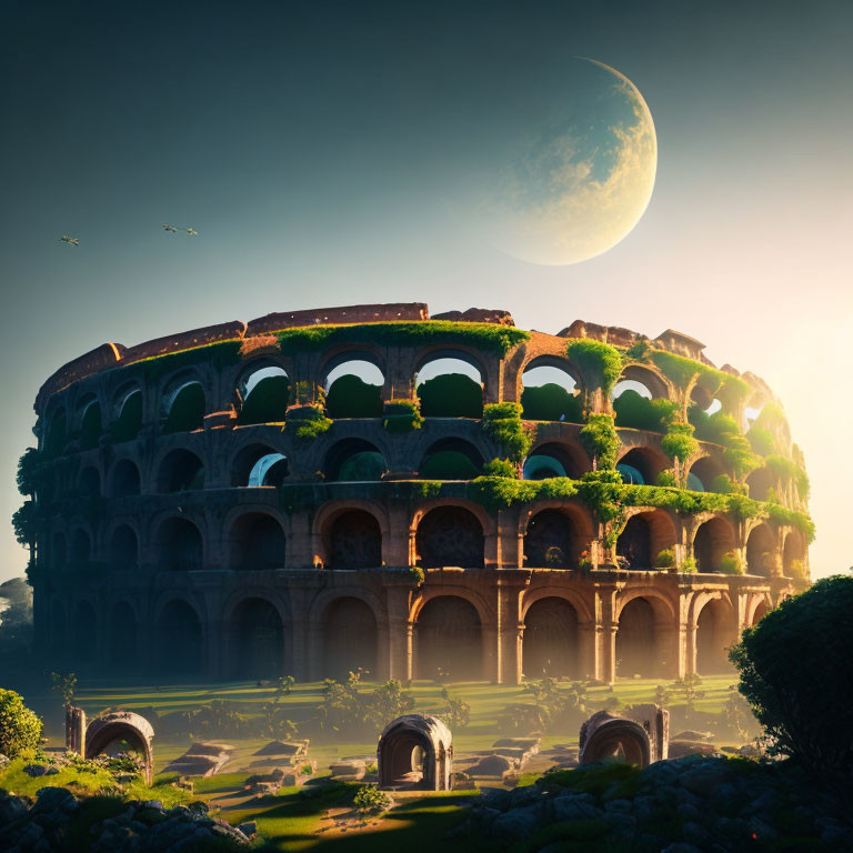 Futuristic Colosseum covered in vegetation under moon in golden hour