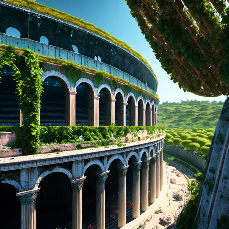 Futuristic overgrown Colosseum with lush greenery in serene landscape