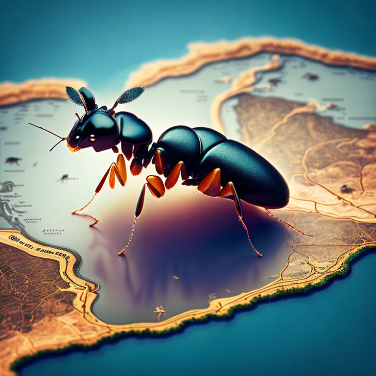 Detailed 3D ant illustration on stylized map with exaggerated features