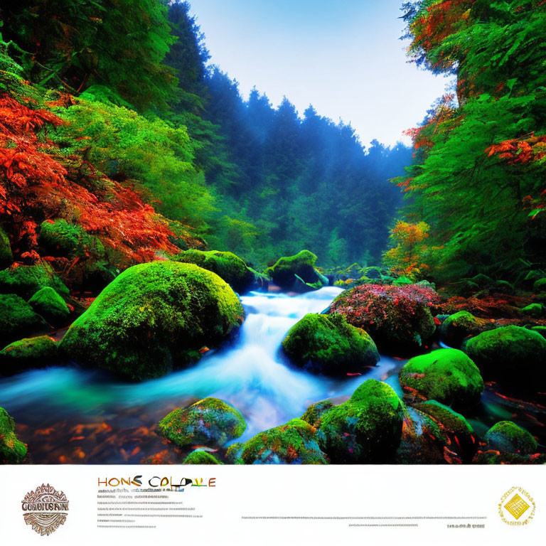 Tranquil river among moss-covered rocks in misty autumn forest