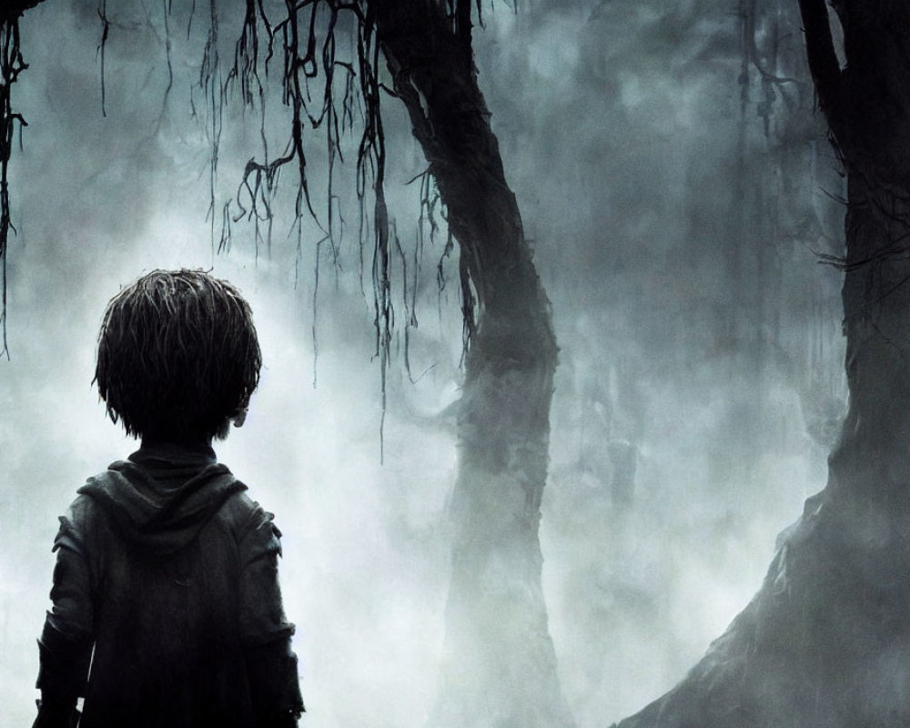 Child in eerie misty forest with bare trees