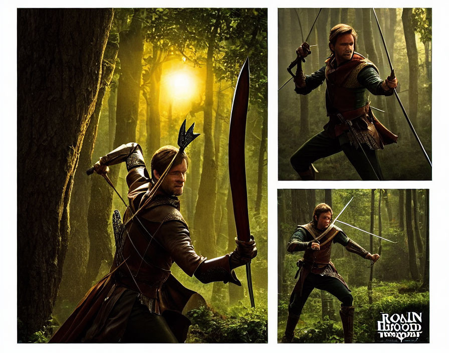 Collage of Three Robin Hood Poses with Bow and Arrow in Sunlit Forest