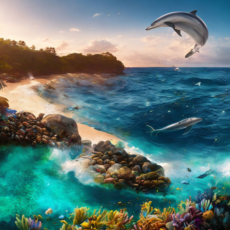 Colorful Ocean Scene: Leaping Dolphin, Coral, Rocky Shoreline