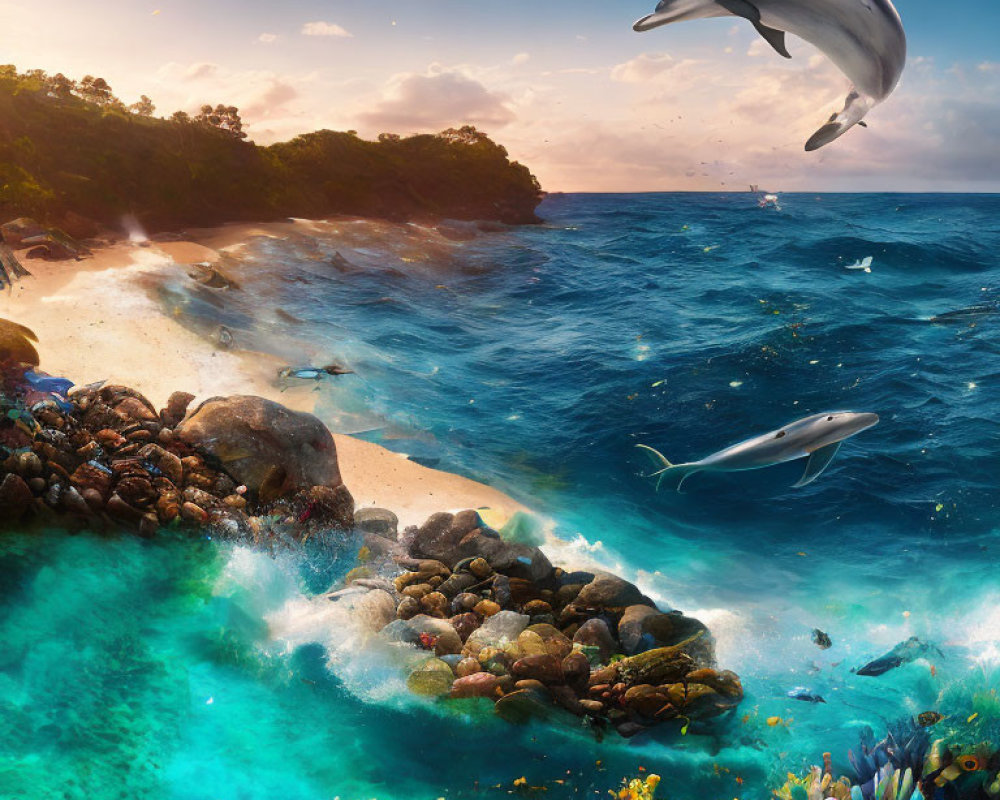 Colorful Ocean Scene: Leaping Dolphin, Coral, Rocky Shoreline