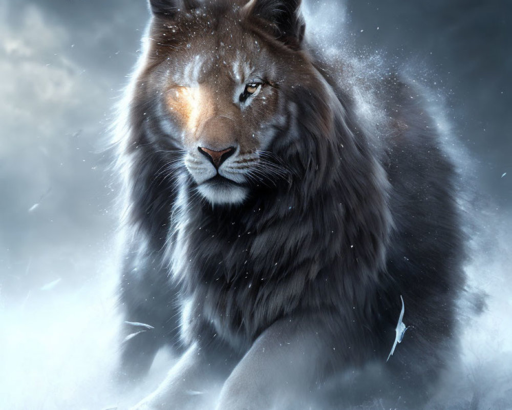 Majestic lion with dark mane in snowy landscape, exuding power and serenity.