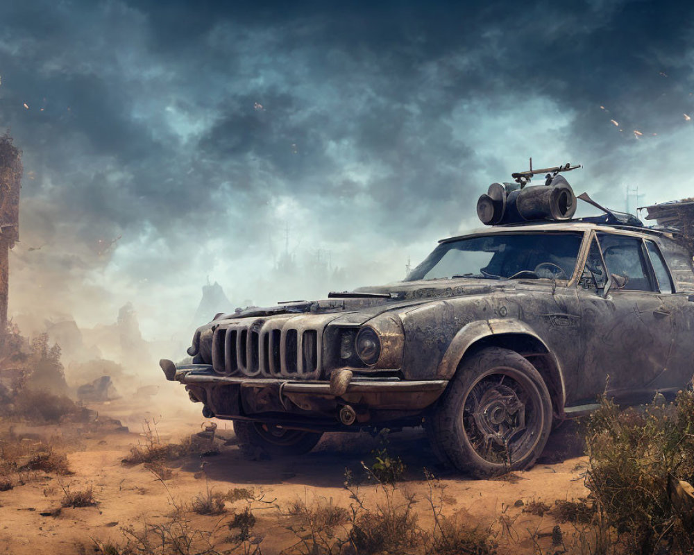 Post-apocalyptic battlefield scene with rugged, dusty vehicle and extra gear.