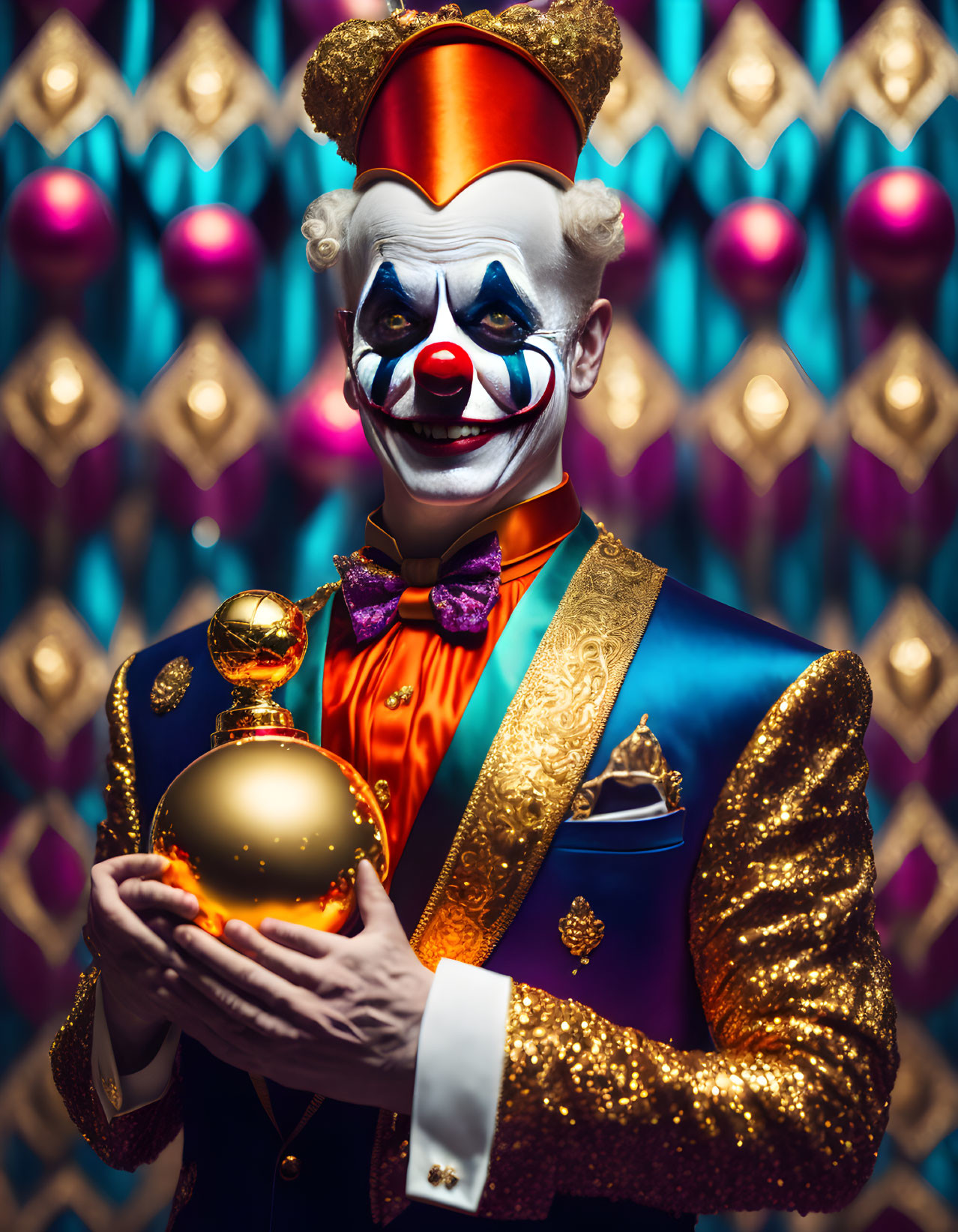 Elaborate Blue and Gold Clown Costume with Scepter on Patterned Background