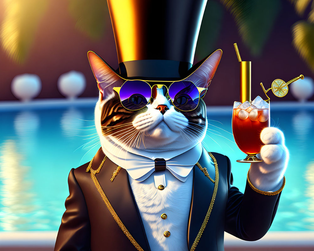 Sophisticated cat in tuxedo and top hat by pool at sunset
