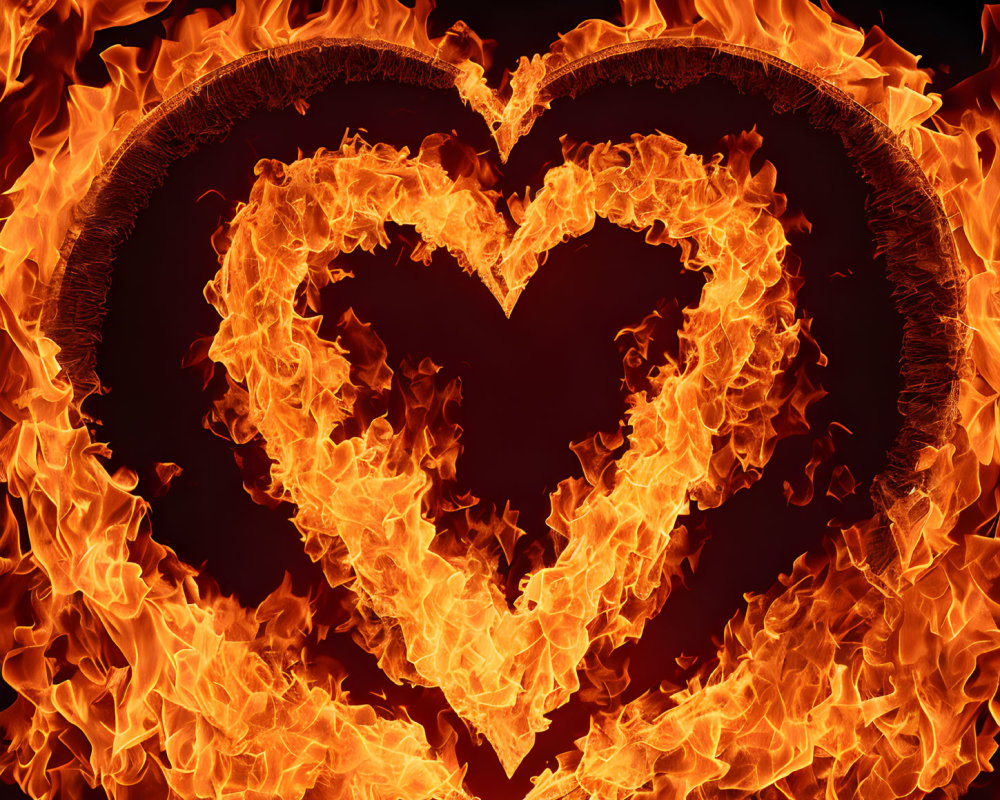 Vibrant orange and yellow flames form heart shape on black background