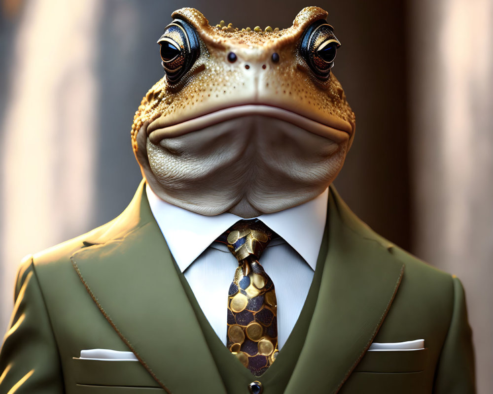 Stylized anthropomorphic toad in olive green suit and tie