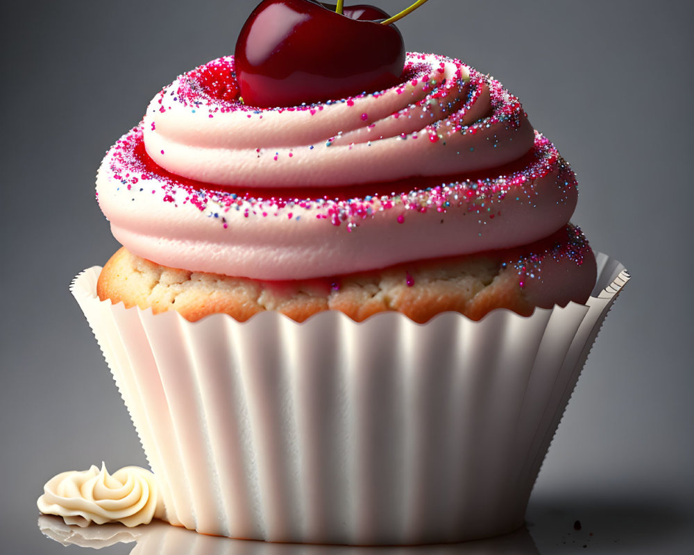 Pink frosted cupcake with cherry and cream swirl on grey background