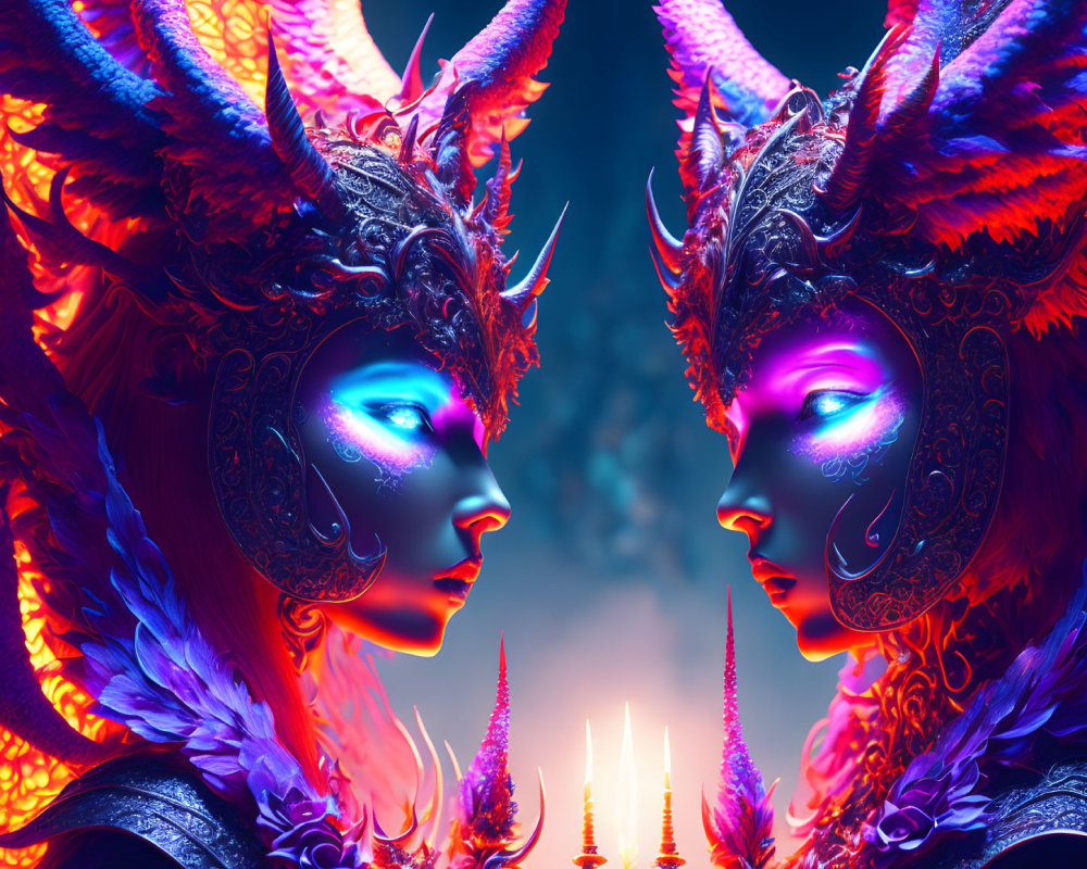 Symmetrical fantasy figures with horned headdresses and glowing blue markings on vibrant background