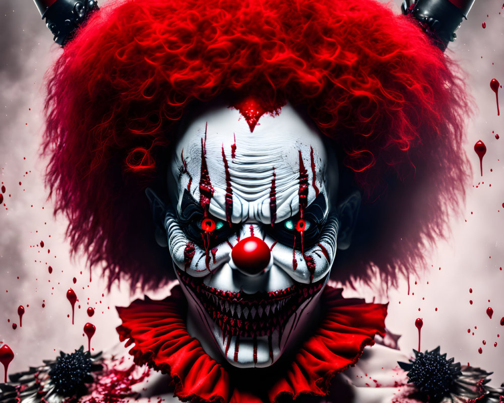 Menacing clown with red hair, blood-splattered face, sharp teeth, intense eyes, surrounded