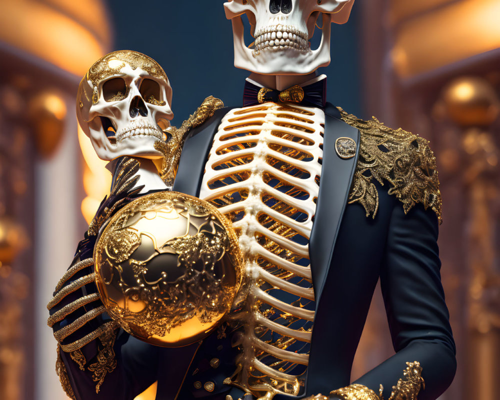 Skeleton in ornate uniform holding skull and orb in luxurious hall