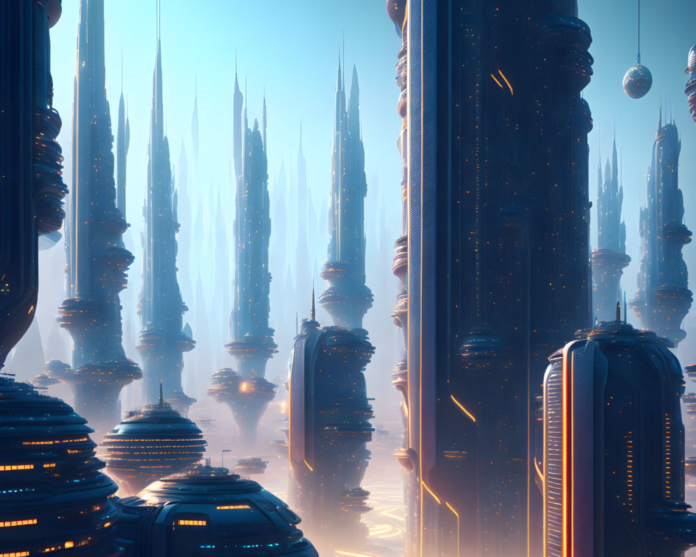 Futuristic cityscape with towering spires and floating structures under a blue sky