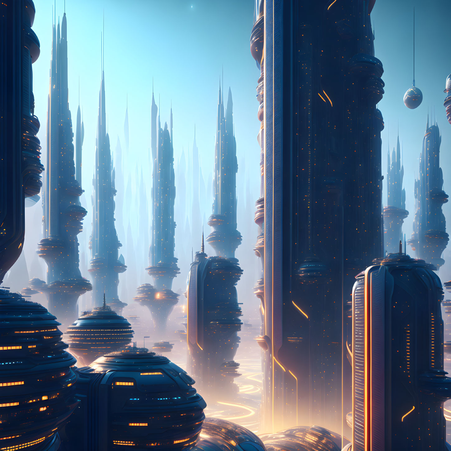 Futuristic cityscape with towering spires and floating structures under a blue sky