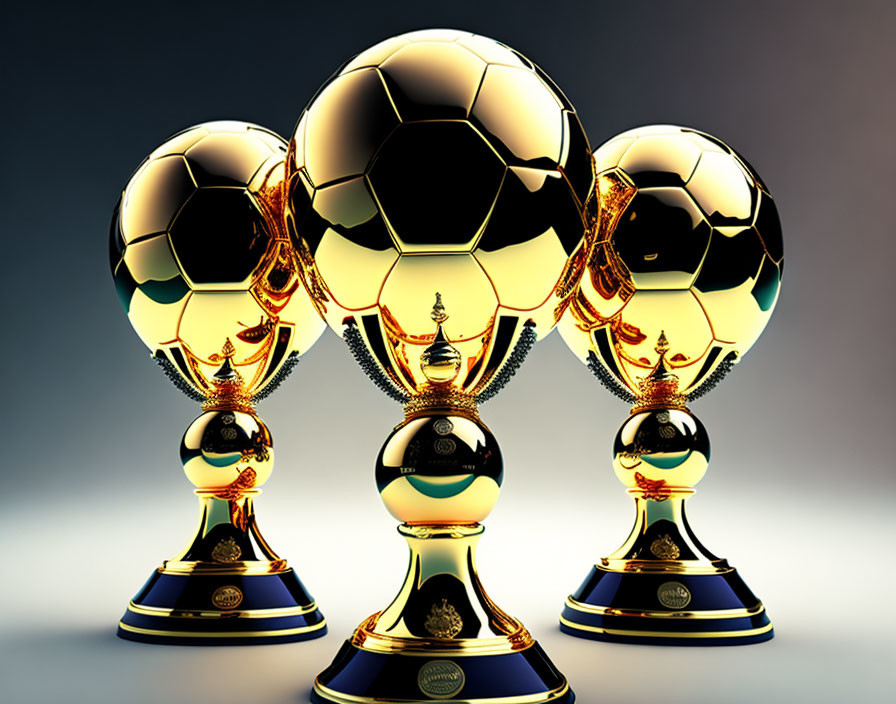 Three Golden Soccer Trophies on Blue Pedestal against Gradient Background
