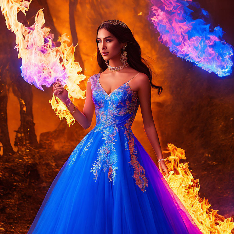 Woman in Blue Gown Surrounded by Fiery Flames