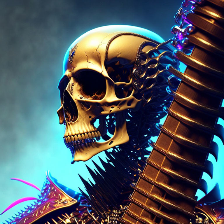Intricate golden skull on blue background with metallic purple accents