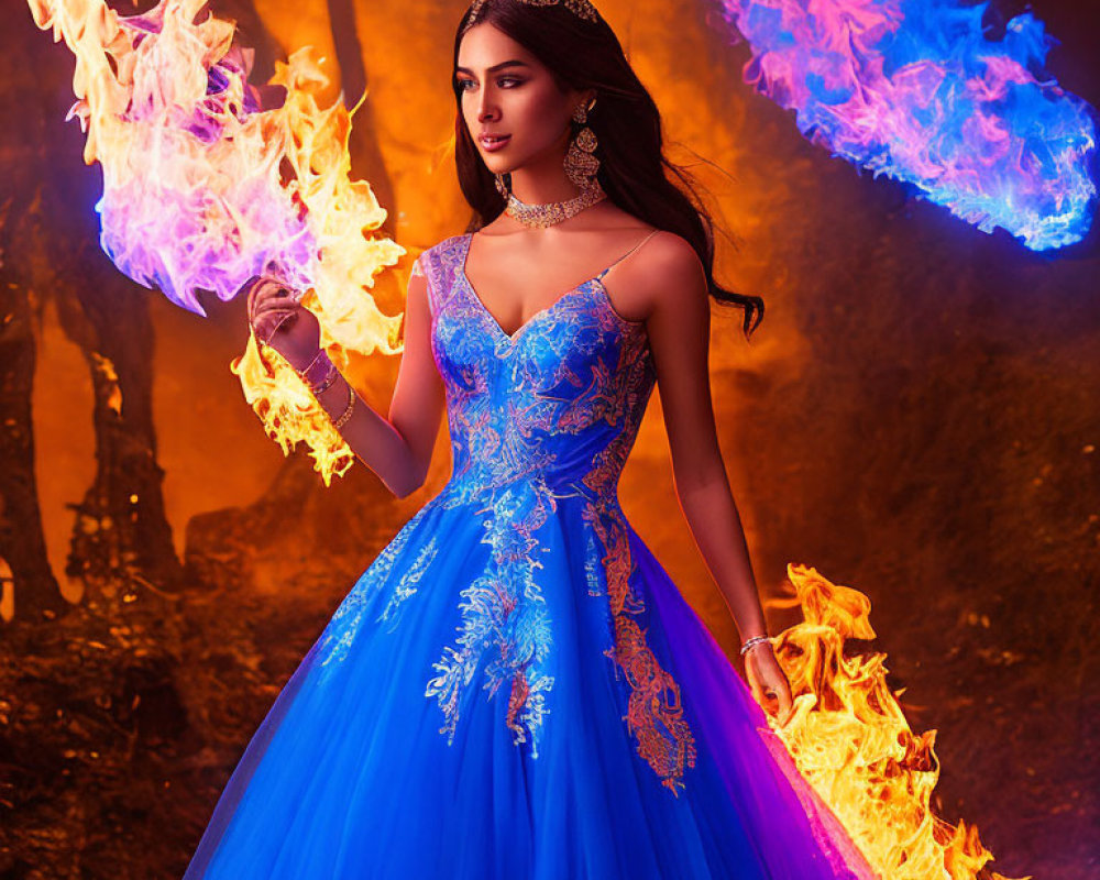 Woman in Blue Gown Surrounded by Fiery Flames