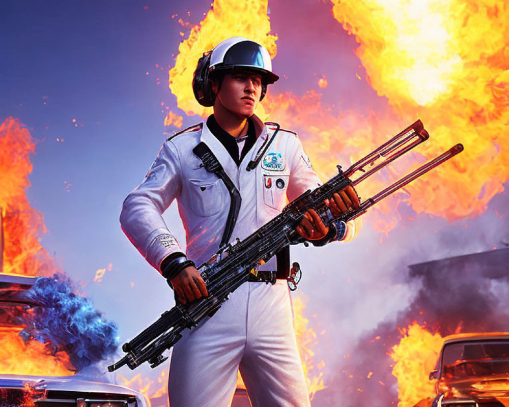Person in white uniform with futuristic weapon in fiery explosion scene