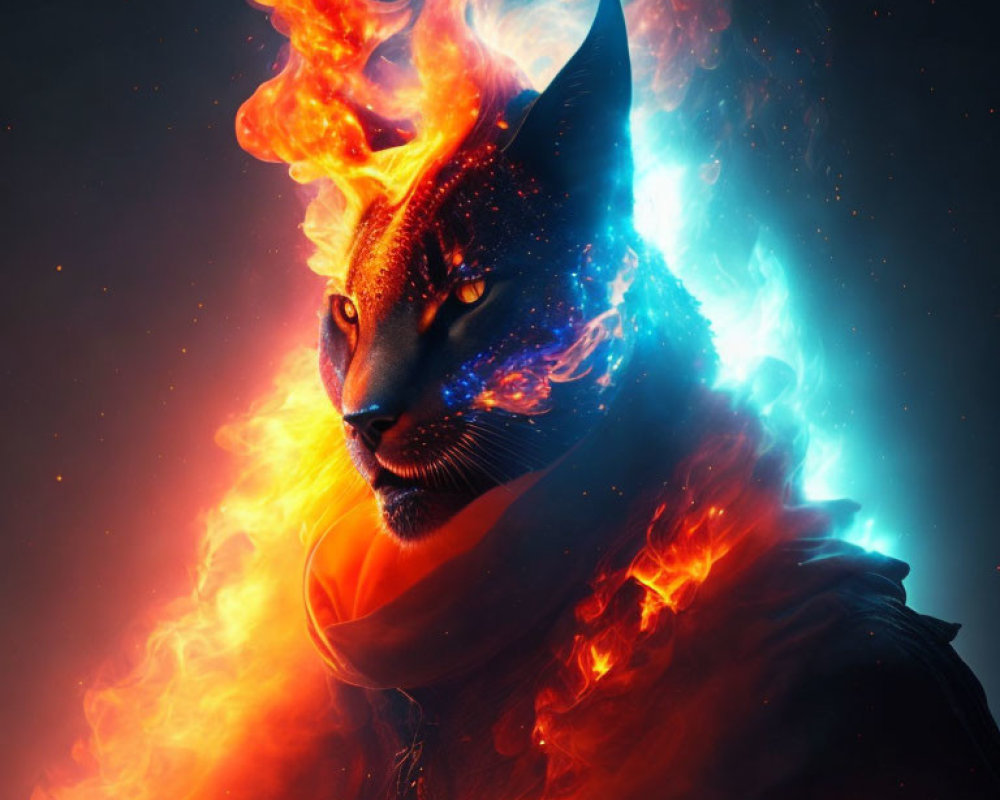 Digital artwork: Cat engulfed in flames and blue energy on dark background