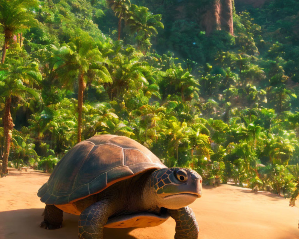 Animated tortoise in lush tropical landscape with waterfall and cliffs